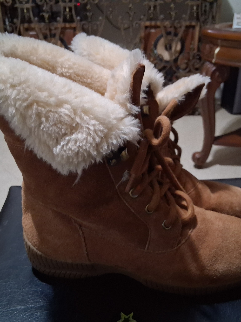 Women’s Faux-Suede Lace-Up Boot with Cream Faux-Fur Cuff